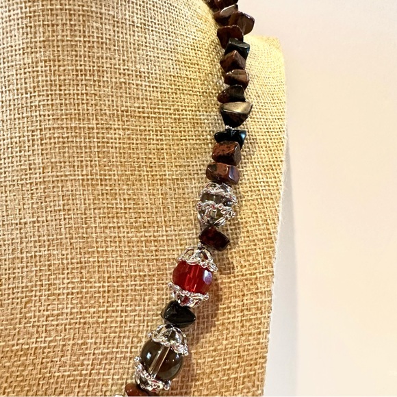 Genuine Gemstone & Glass Bead Necklace- silver tone w/ tigers eye / red & gray - Picture 5 of 10